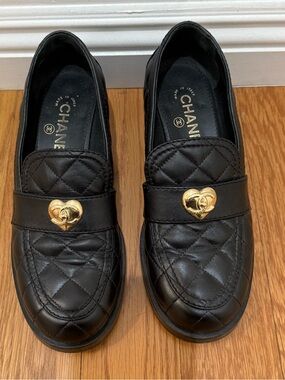 CHANEL Black Quilted Leather Loafers with Gold Heart CC
